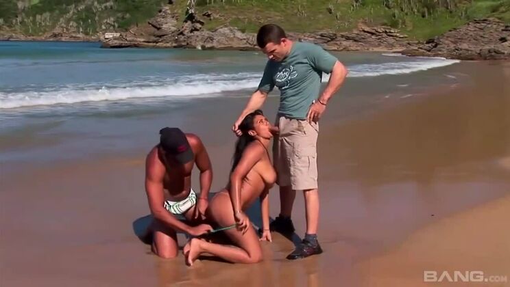 Beach threesome with brunette getting fucked in all holes
