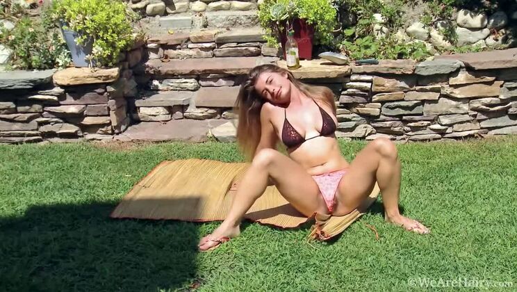 Brunette Bunny Strips Down for Solo Outdoor Play