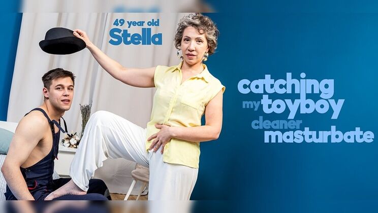 [Mature.nl] - Cougar with natural boobs catches toyboy, licks his cock then takes cum on pussy. - Stella V. - Karll